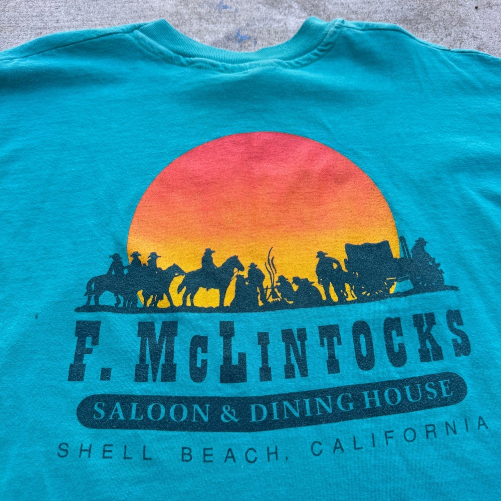 Vintage 90s McLintocks Saloon Shell Beach SLO CA Teal Shirt XL Single Stitch USA